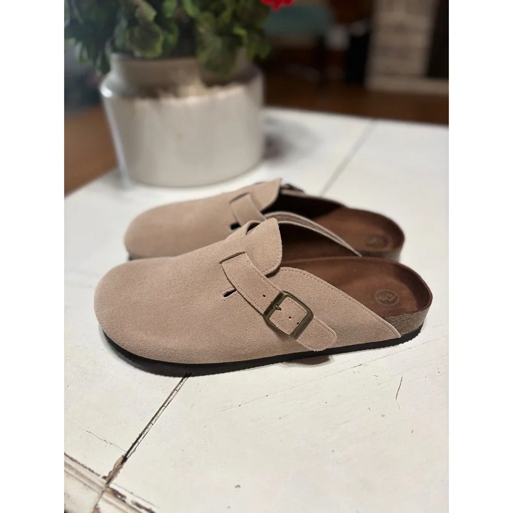 White Mountain Barry-M Mens Tan Suede Leather Buckle Clog Mules Size 10 NEW